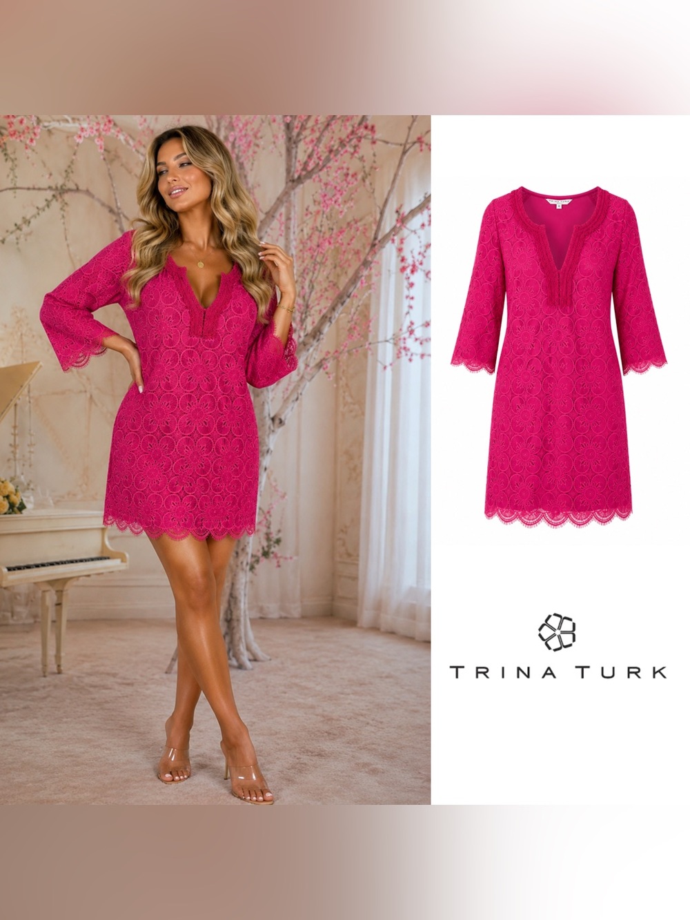 NEW Trina Turk Hot Pink Lace V‑Neck Shift Dress